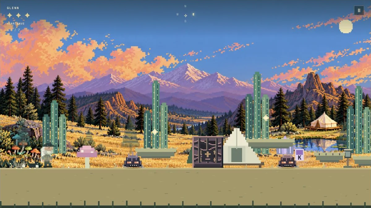 The Wizard’s pixel-art world, with mountain pines, glowing green towers, platforms, and cats beneath a colorful sky.